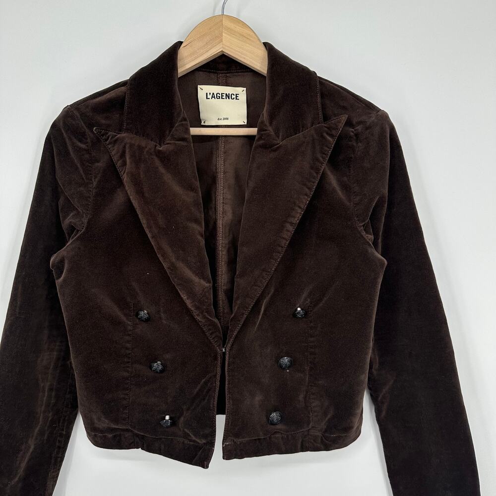 L’AGENCE Wayne Cropped Velvet Blazer Double Breasted Jacket Classic, Brown - Picture 3 of 8